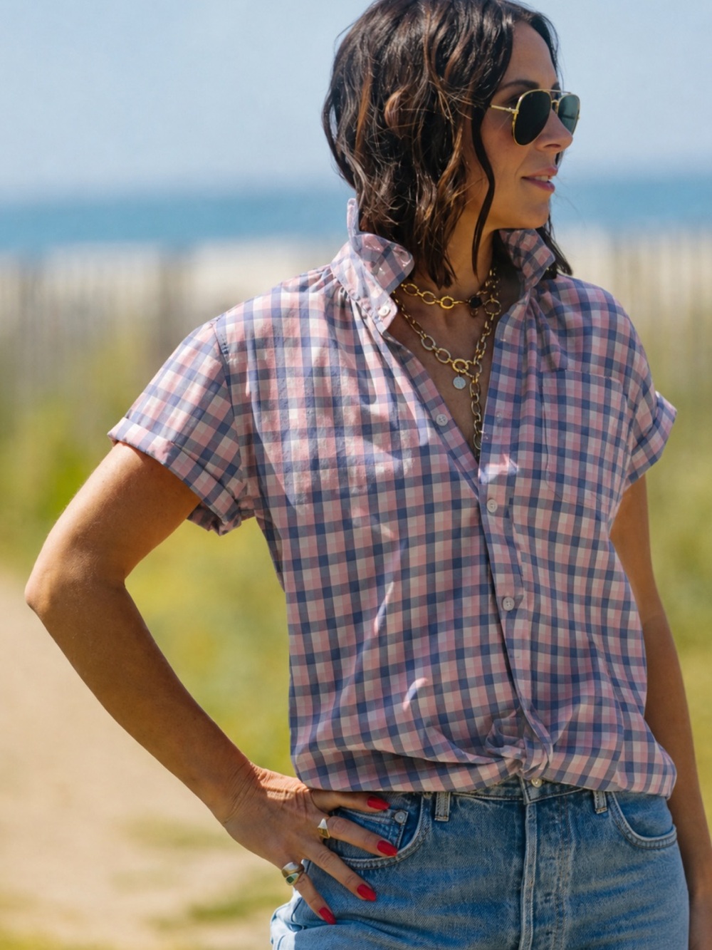 KMJ Blouse Quarantini Ruffle Neck Short Sleeve Button Down in Plaid Pink Blue